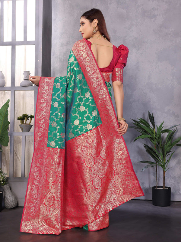 Sonakshi Women's Teal Banarasi Silk Zari Woven Traditional Saree with Blouse
