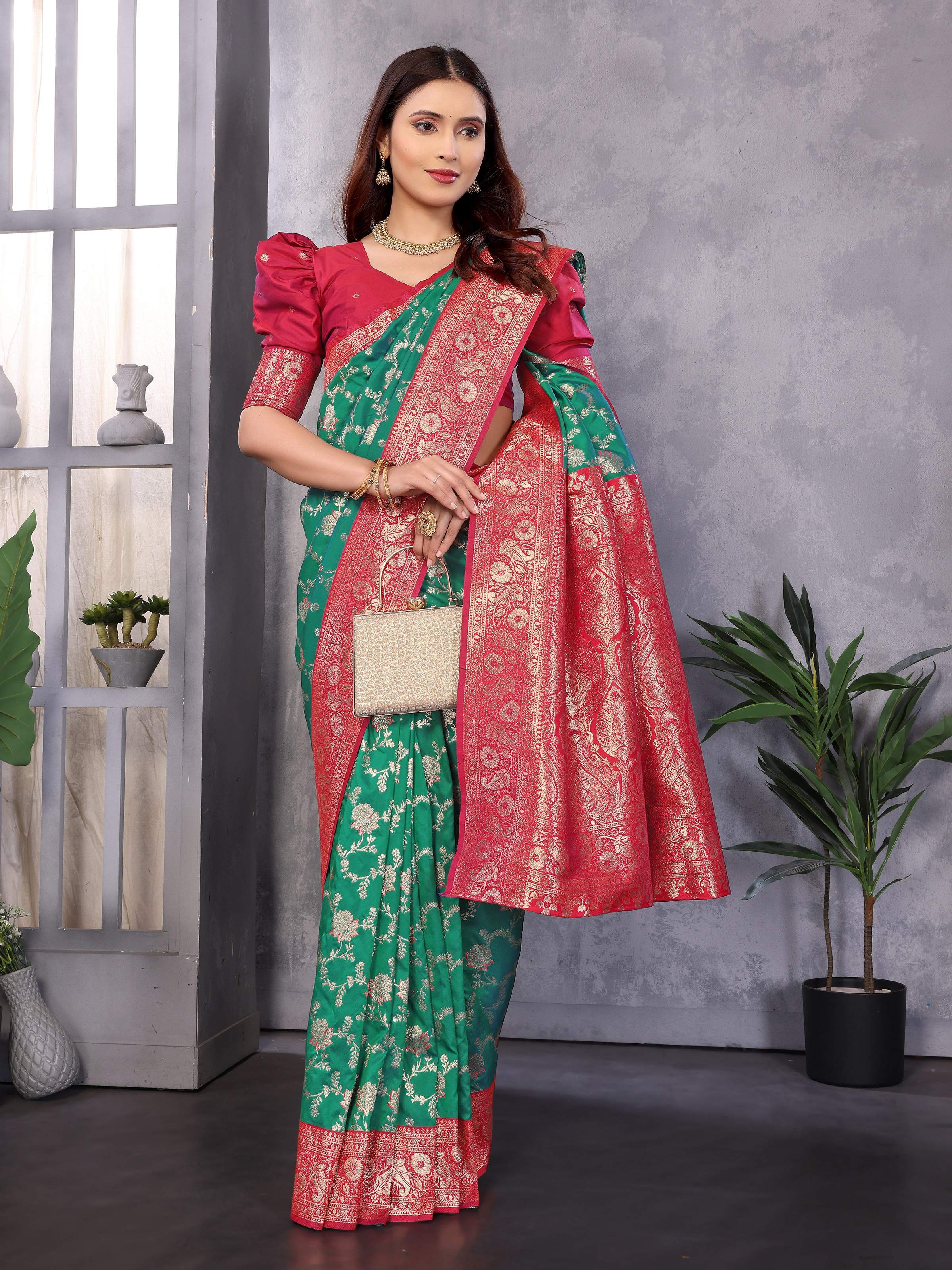 Sonakshi Women's Teal Banarasi Silk Zari Woven Traditional Saree with Blouse