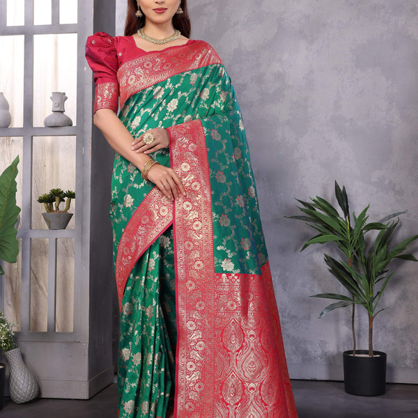 Sonakshi Women's Teal Banarasi Silk Zari Woven Traditional Saree with Blouse - Distacart