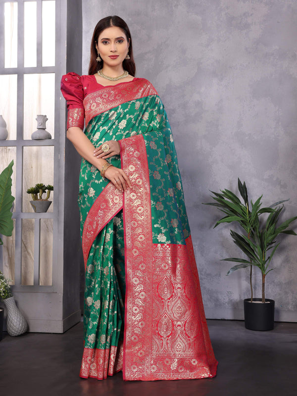 Sonakshi Women's Teal Banarasi Silk Zari Woven Traditional Saree with Blouse