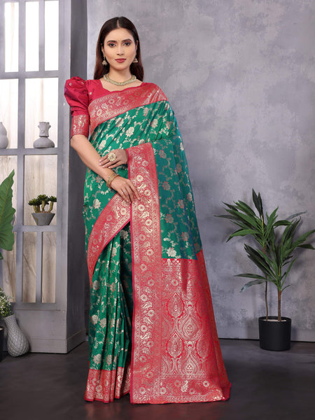 Sonakshi Women's Teal Banarasi Silk Zari Woven Traditional Saree with Blouse