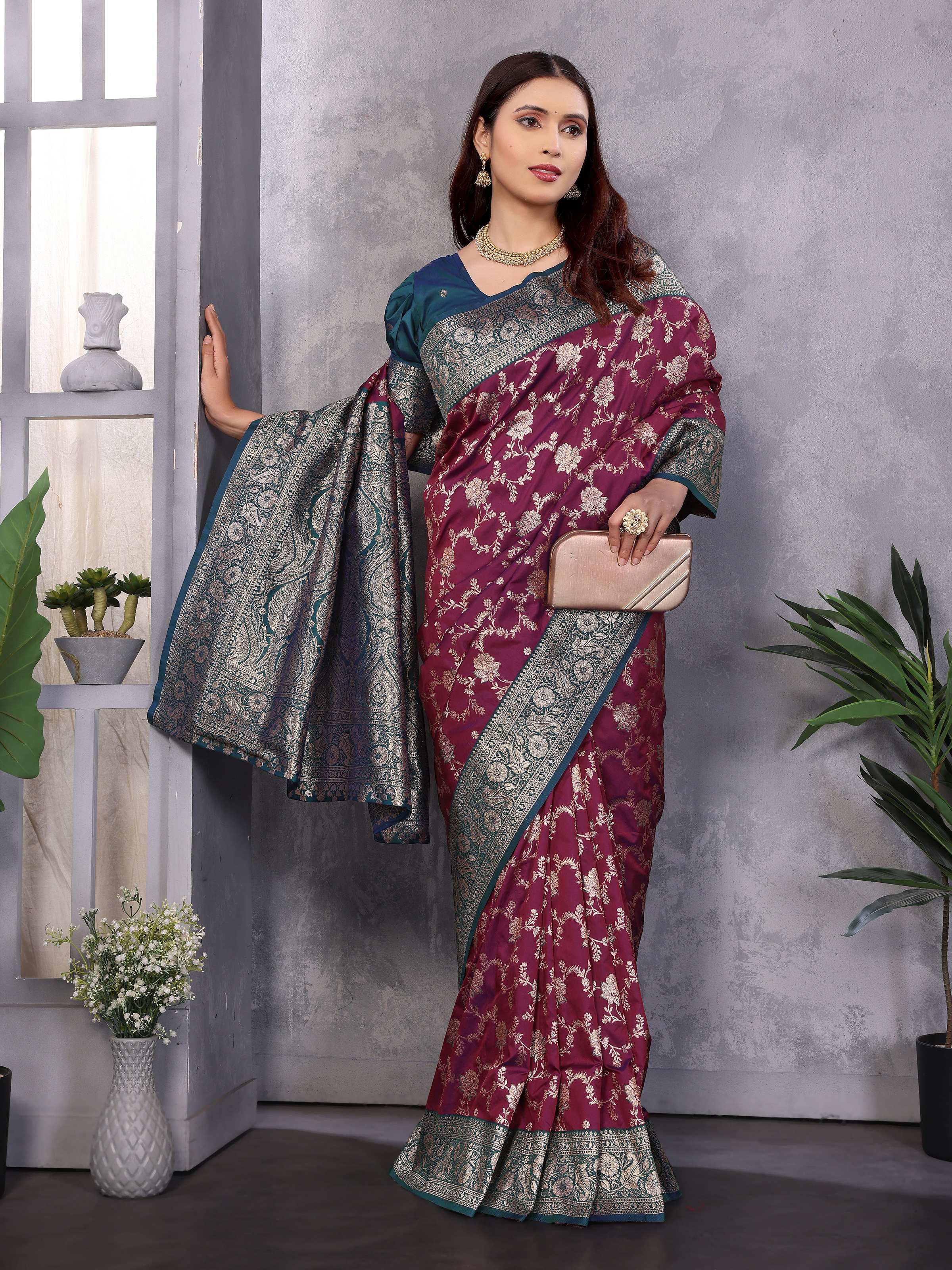 Sonakshi Women's Wine Banarasi Silk Zari Woven Traditional Saree with Blouse