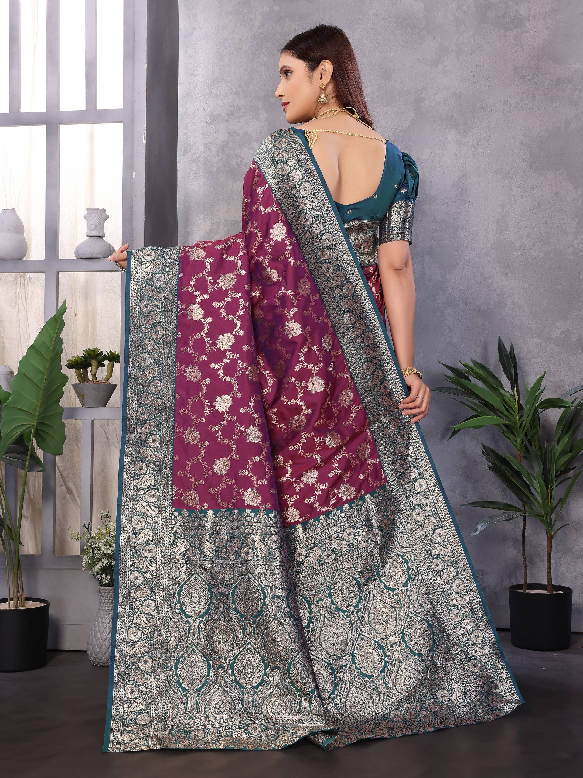 Sonakshi Women's Wine Banarasi Silk Zari Woven Traditional Saree with Blouse
