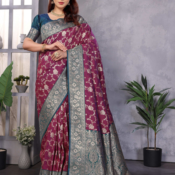 Sonakshi Women's Wine Banarasi Silk Zari Woven Traditional Saree with Blouse - Distacart