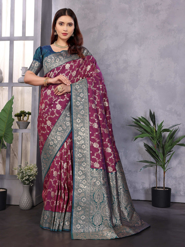 Sonakshi Women's Wine Banarasi Silk Zari Woven Traditional Saree with Blouse