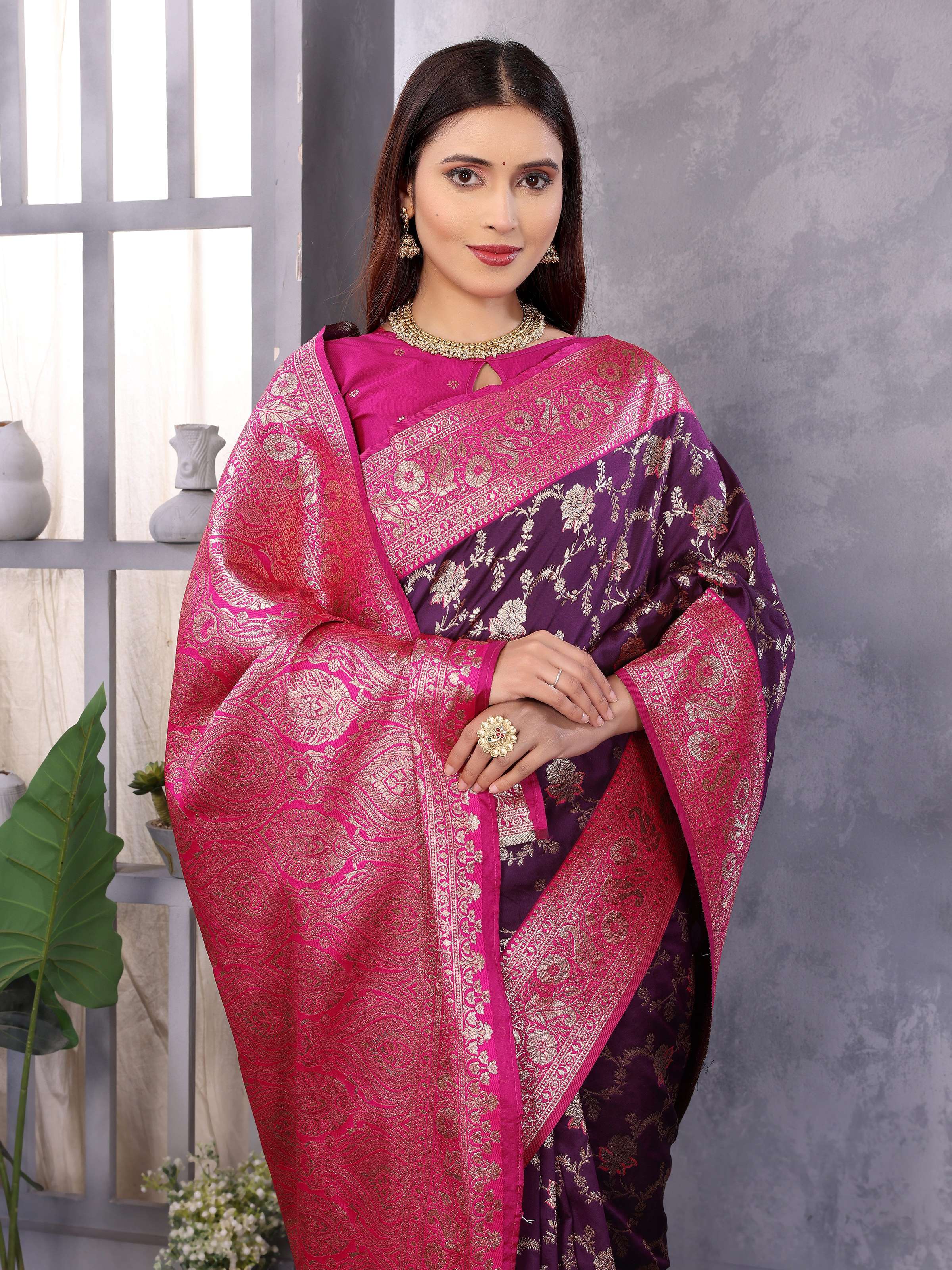 Sonakshi Women's Purple Banarasi Silk Zari Woven Traditional Saree with Blouse