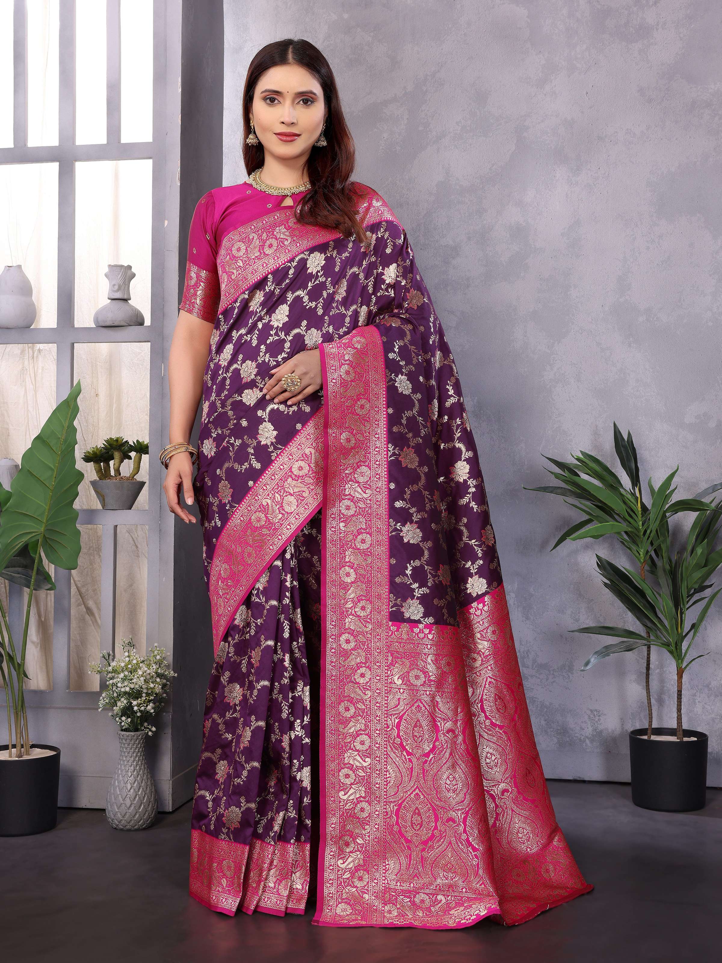 Sonakshi Women's Purple Banarasi Silk Zari Woven Traditional Saree with Blouse
