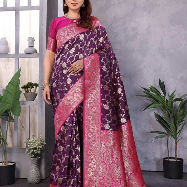 Sonakshi Women's Purple Banarasi Silk Zari Woven Traditional Saree with Blouse - Distacart