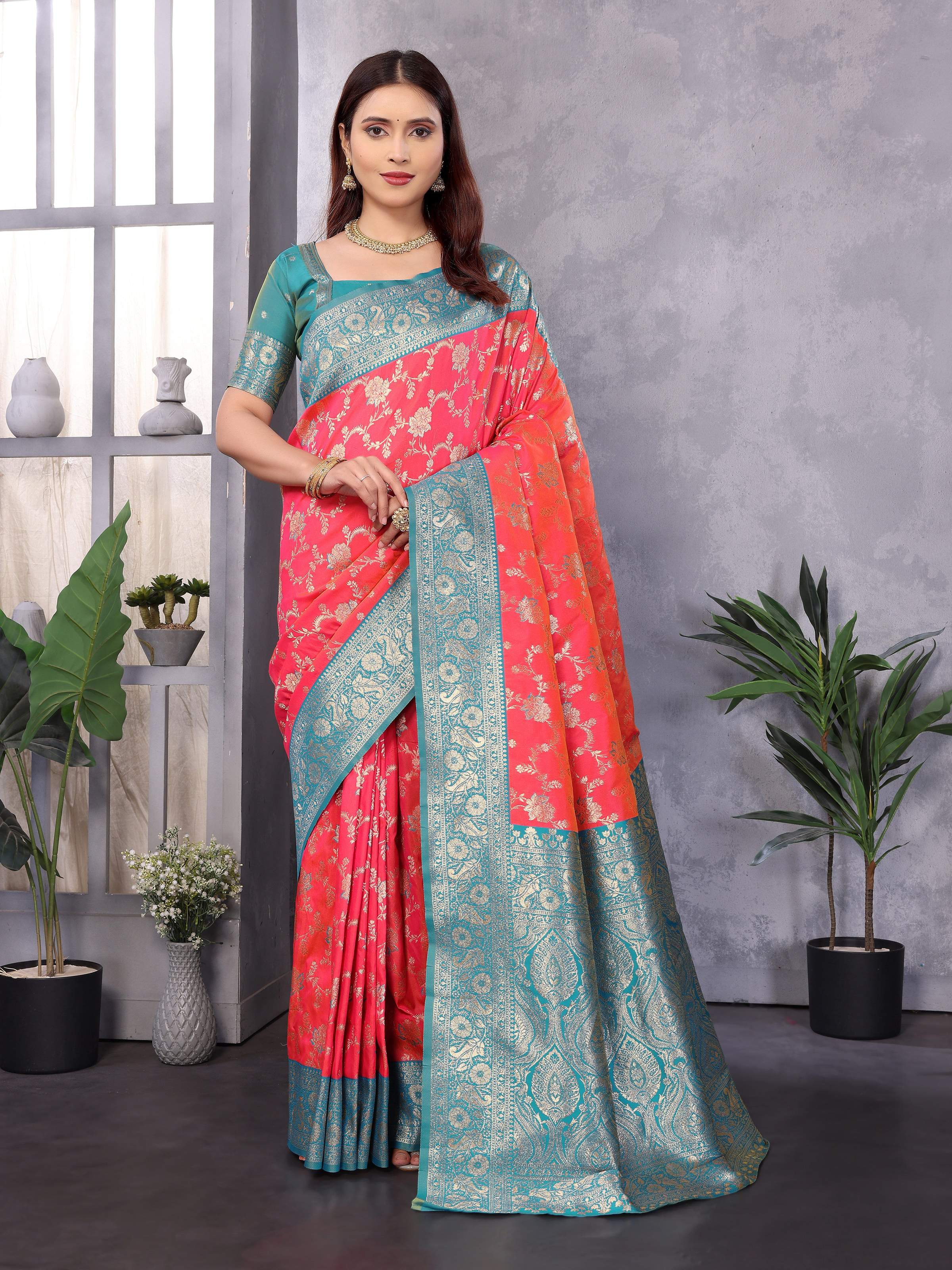 Sonakshi Women's Peach Banarasi Silk Zari Woven Traditional Saree with Blouse