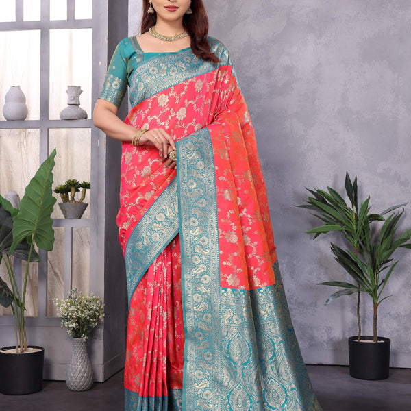 Sonakshi Women's Peach Banarasi Silk Zari Woven Traditional Saree with Blouse - Distacart