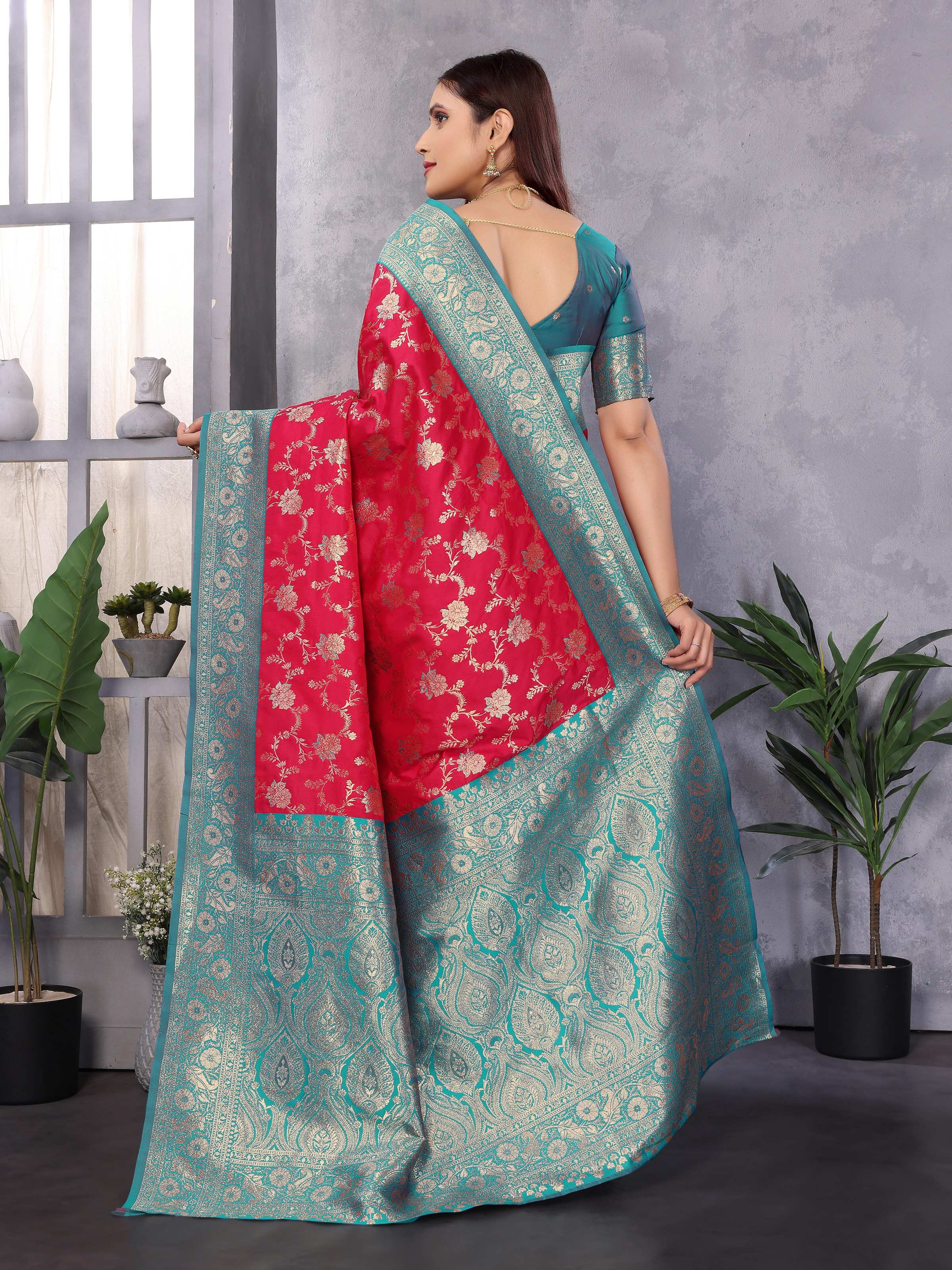 Sonakshi Women's Gajri Banarasi Silk Zari Woven Traditional Saree with Blouse - Distacart