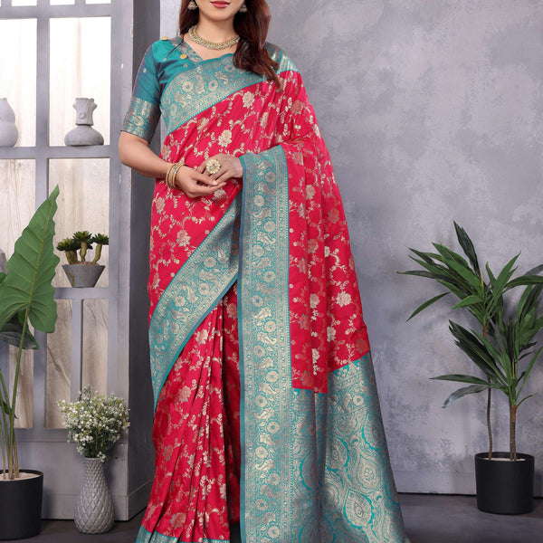 Sonakshi Women's Gajri Banarasi Silk Zari Woven Traditional Saree with Blouse - Distacart