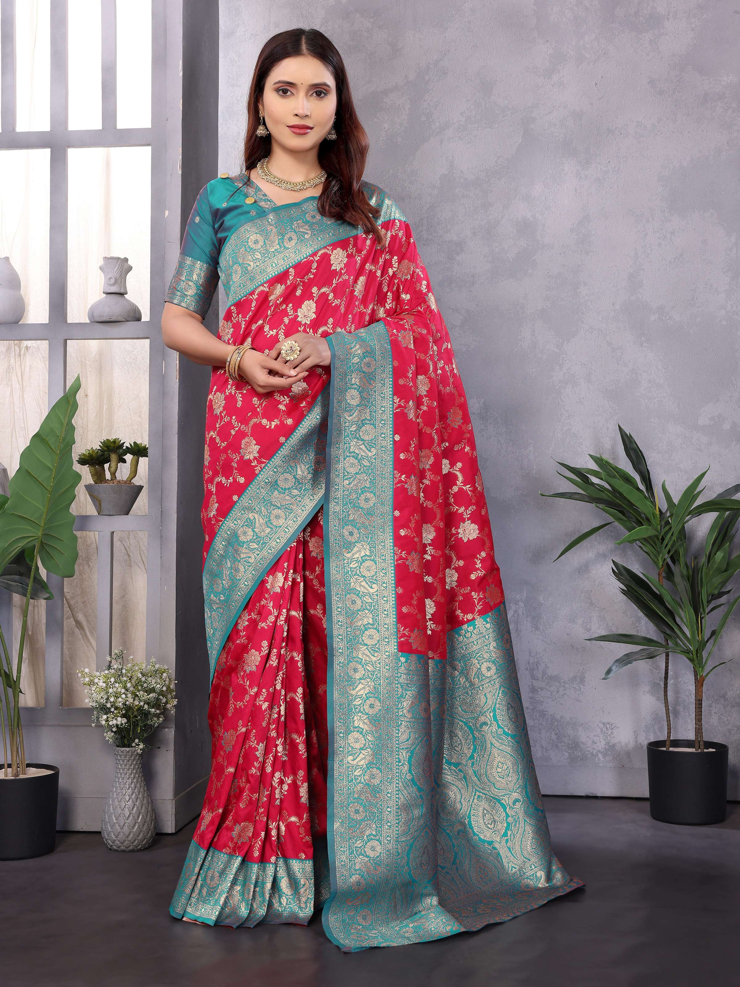 Sonakshi Women's Gajri Banarasi Silk Zari Woven Traditional Saree with Blouse - Distacart