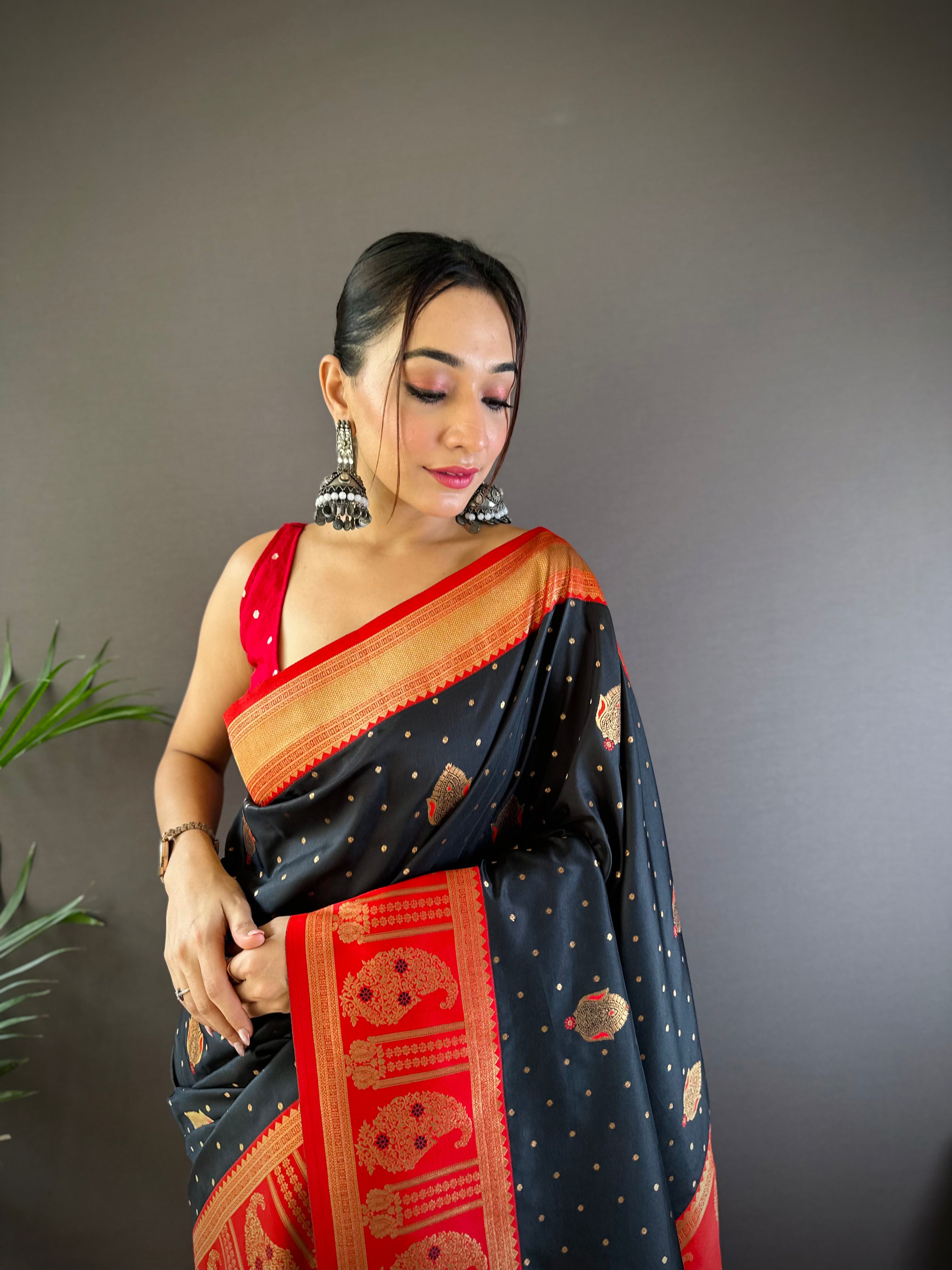 Sonakshi Women's Black Banarasi Silk Zari Woven Traditional Saree with Blouse