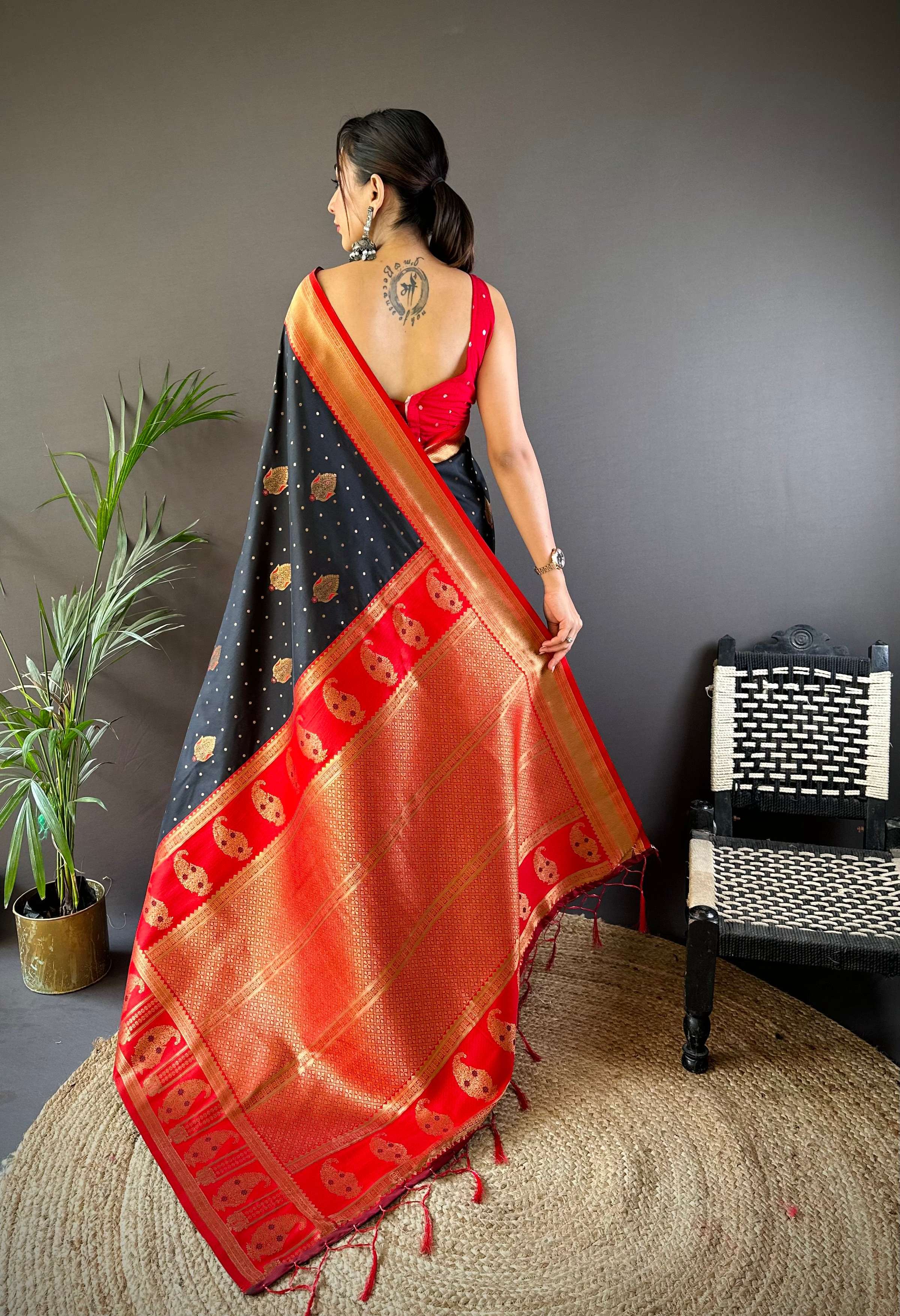 Sonakshi Women's Black Banarasi Silk Zari Woven Traditional Saree with Blouse