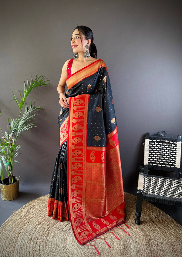 Sonakshi Women's Black Banarasi Silk Zari Woven Traditional Saree with Blouse