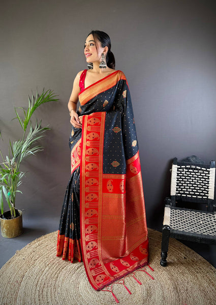 Sonakshi Women's Black Banarasi Silk Zari Woven Traditional Saree with Blouse