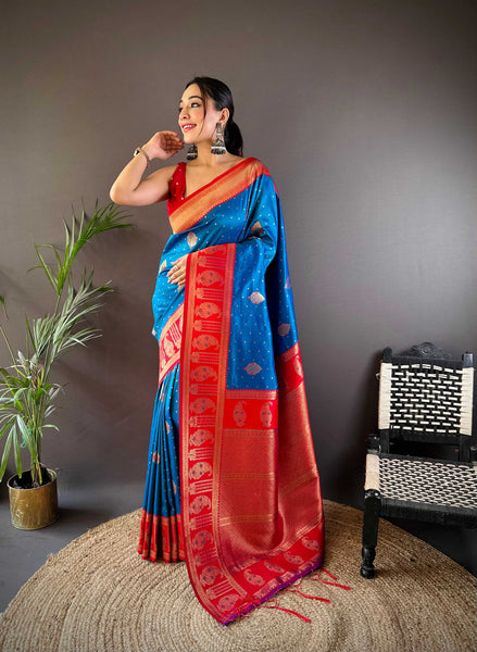 Sonakshi Women's Morepeach Banarasi Silk Zari Woven Traditional Saree with Blouse
