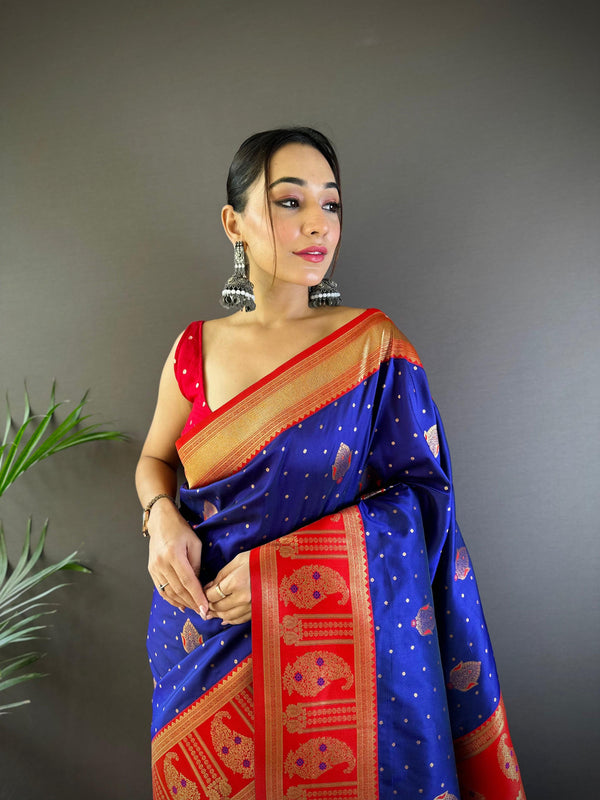 Sonakshi Women's Navy Blue Banarasi Silk Zari Woven Traditional Saree with Blouse