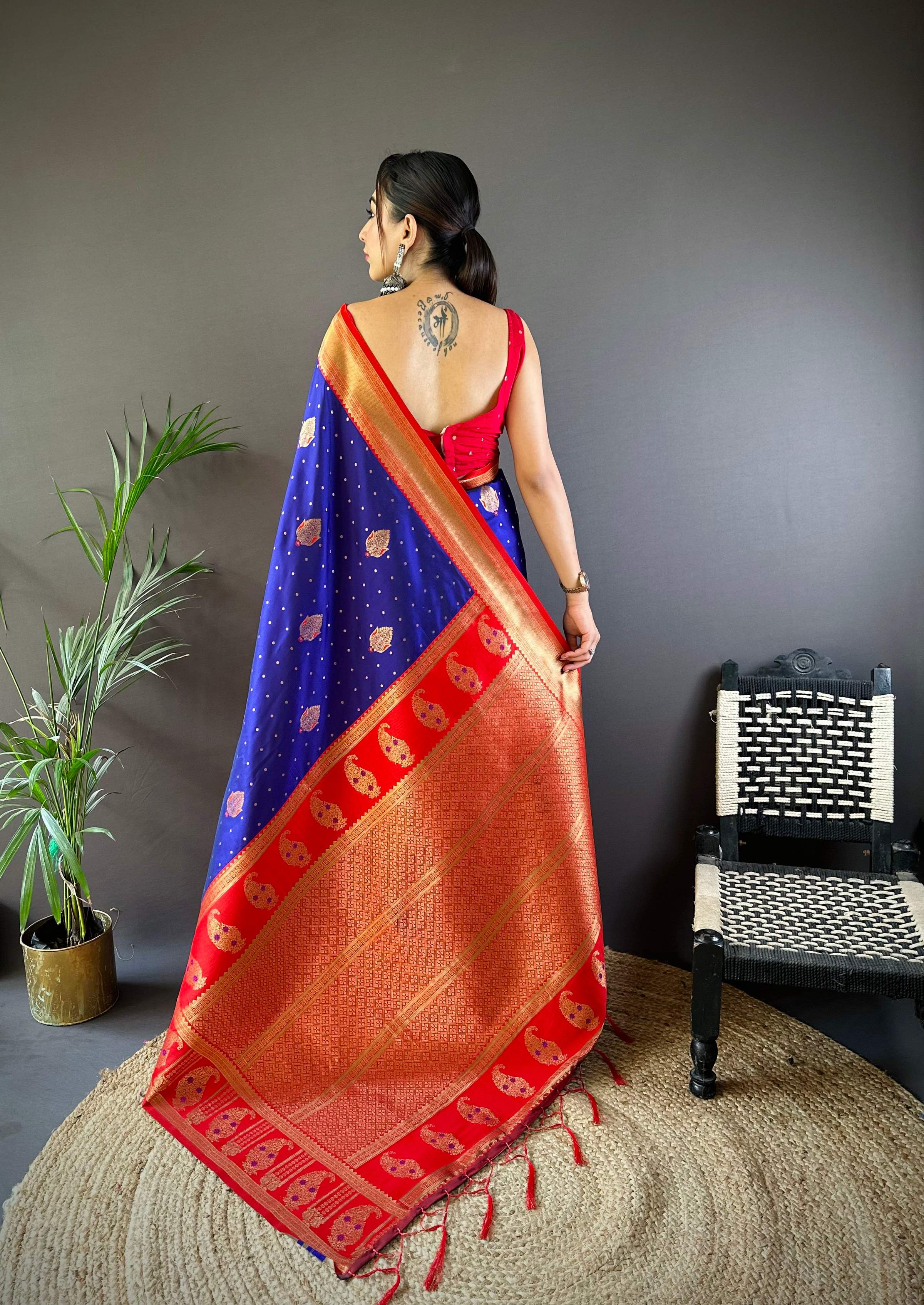Sonakshi Women's Navy Blue Banarasi Silk Zari Woven Traditional Saree with Blouse