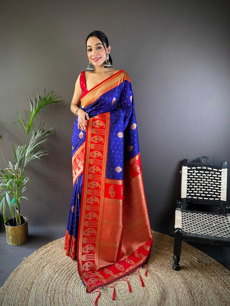 Sonakshi Women's Navy Blue Banarasi Silk Zari Woven Traditional Saree with Blouse