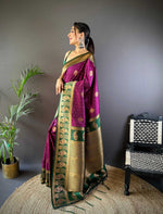 Thumbnail for Sonakshi Women's Wine Banarasi Silk Zari Woven Traditional Saree with Blouse