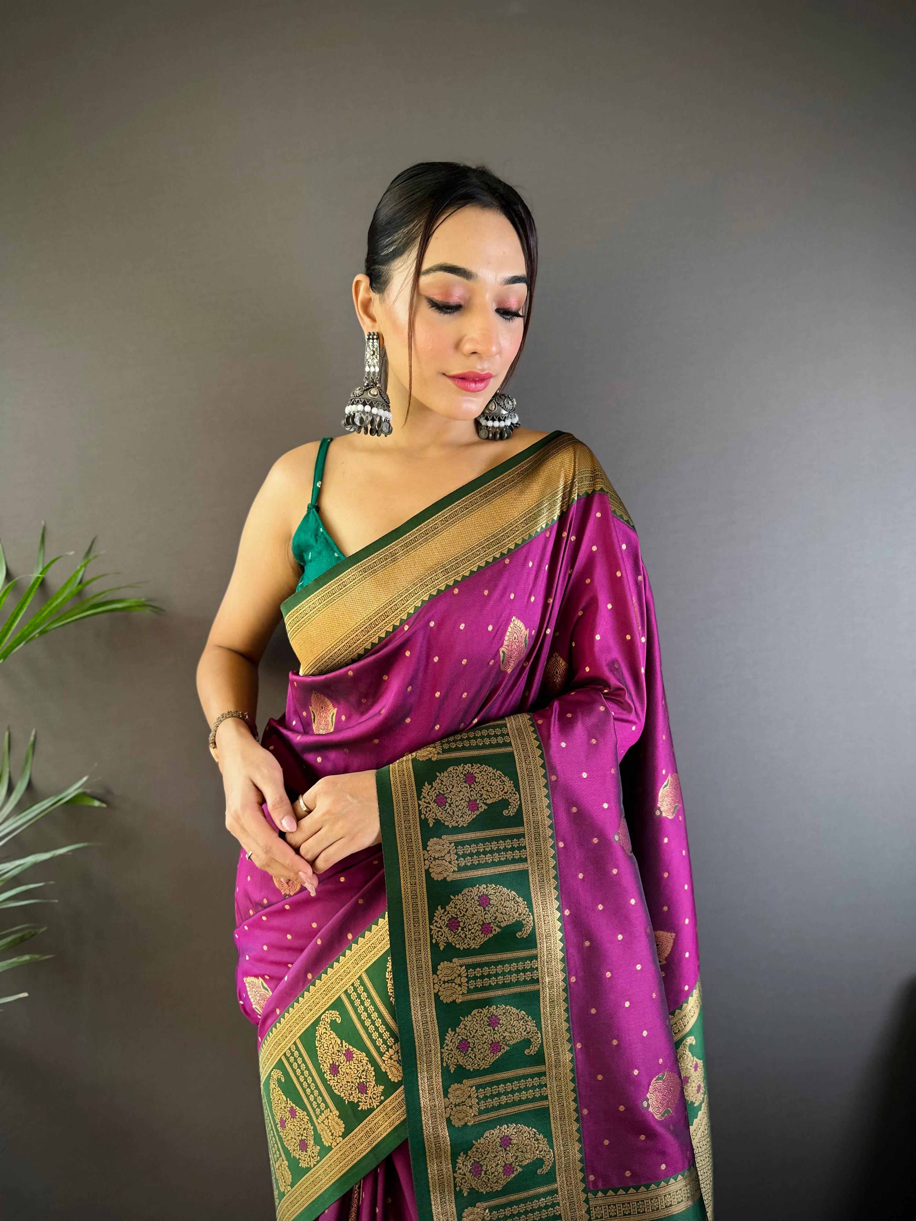 Sonakshi Women's Wine Banarasi Silk Zari Woven Traditional Saree with Blouse