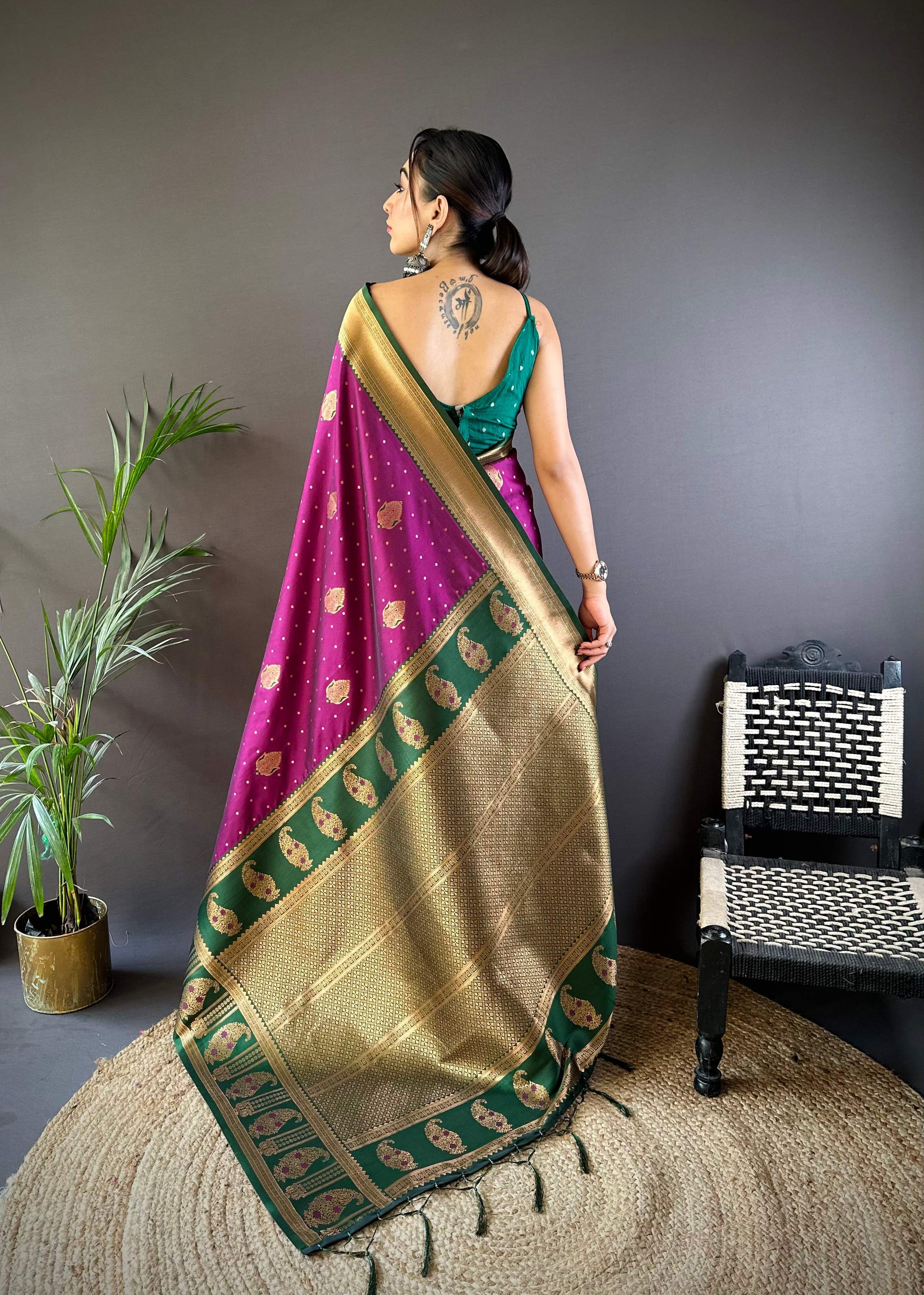 Sonakshi Women's Wine Banarasi Silk Zari Woven Traditional Saree with Blouse