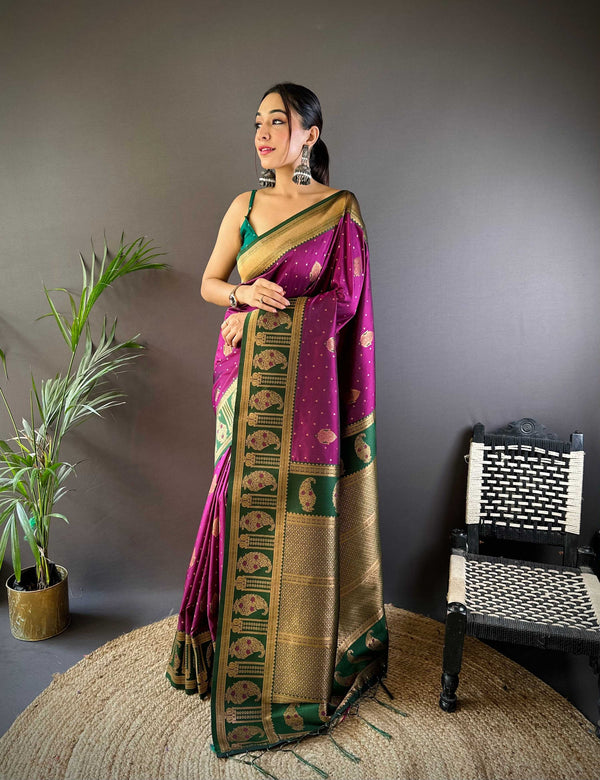 Sonakshi Women's Wine Banarasi Silk Zari Woven Traditional Saree with Blouse