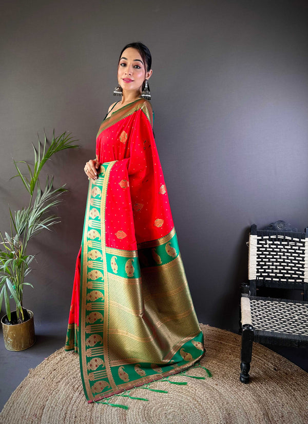 Sonakshi Women's Red Banarasi Silk Zari Woven Traditional Saree with Blouse