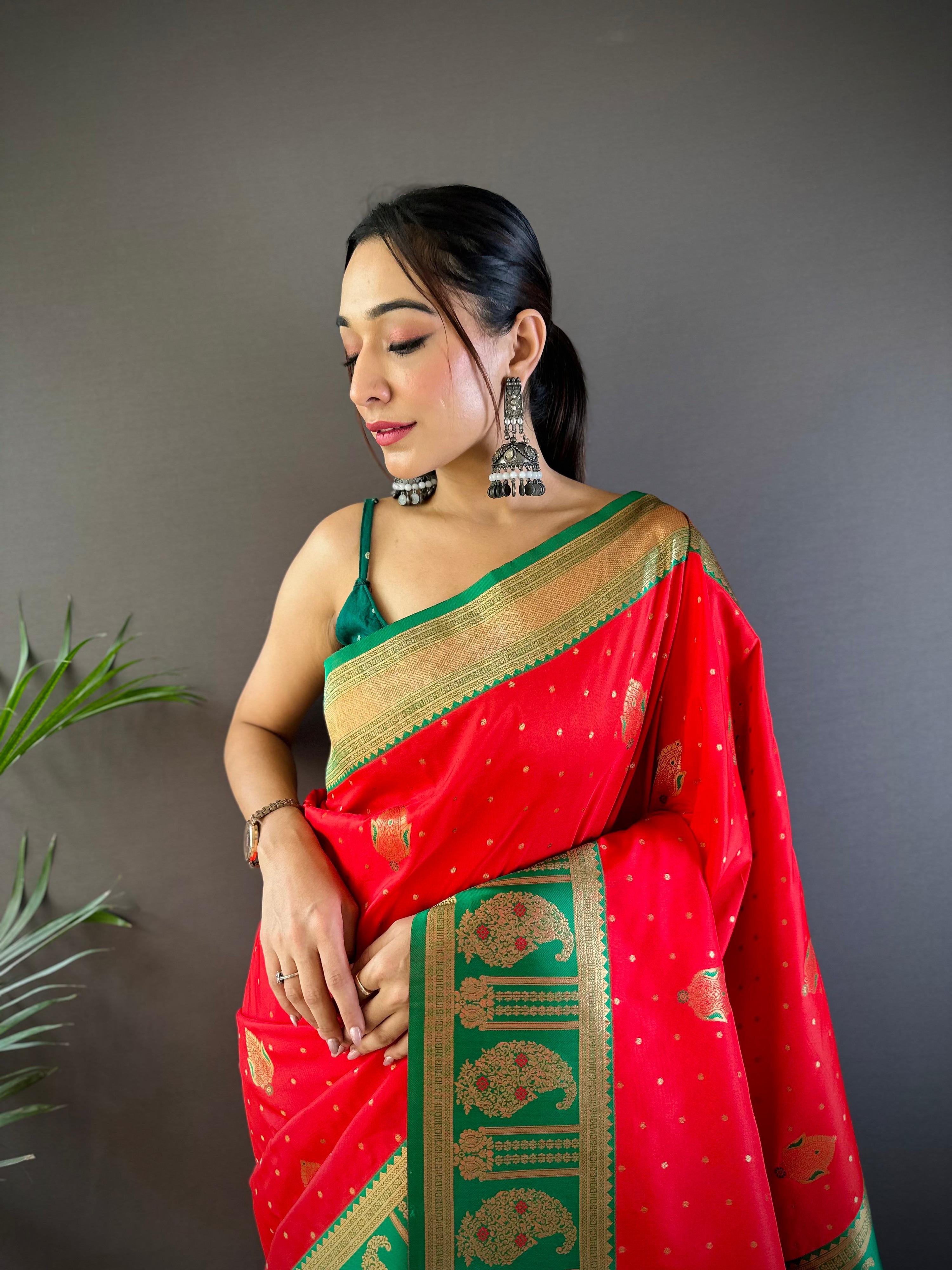 Sonakshi Women's Red Banarasi Silk Zari Woven Traditional Saree with Blouse
