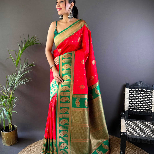 Sonakshi Women's Red Banarasi Silk Zari Woven Traditional Saree with Blouse - Distacart