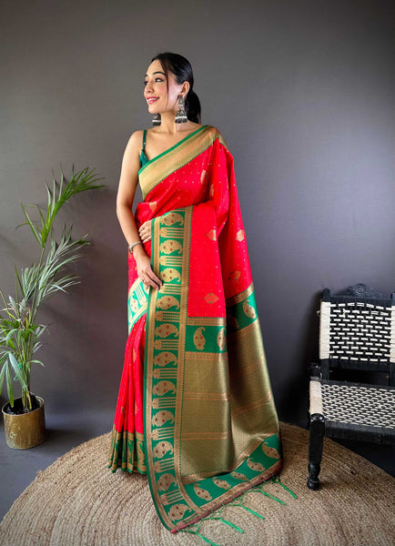 Sonakshi Women's Red Banarasi Silk Zari Woven Traditional Saree with Blouse