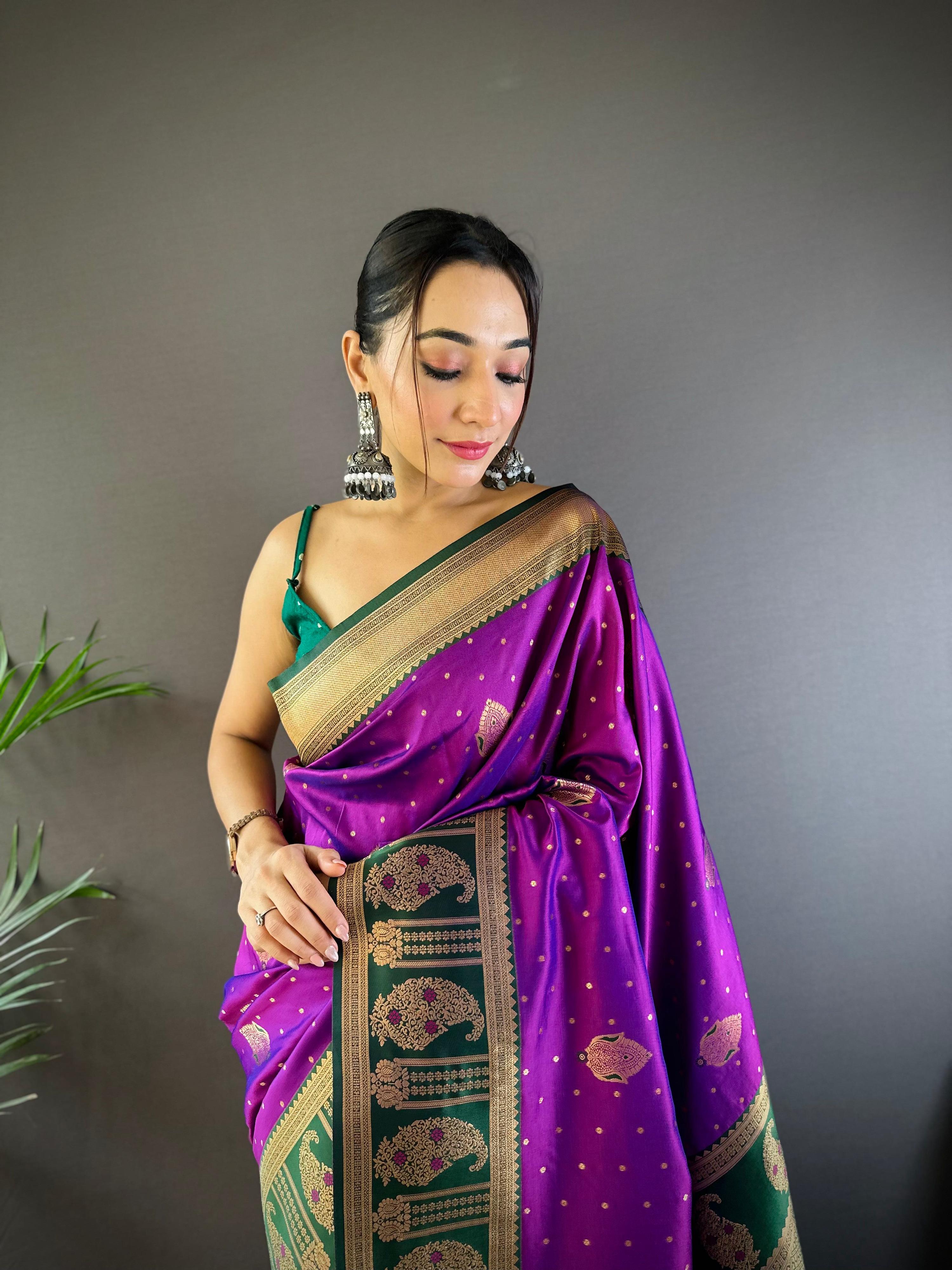 Sonakshi Women's Purple Banarasi Silk Zari Woven Traditional Saree with Blouse
