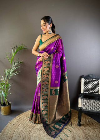 Sonakshi Women's Purple Banarasi Silk Zari Woven Traditional Saree with Blouse