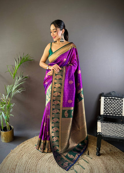 Sonakshi Women's Purple Banarasi Silk Zari Woven Traditional Saree with Blouse
