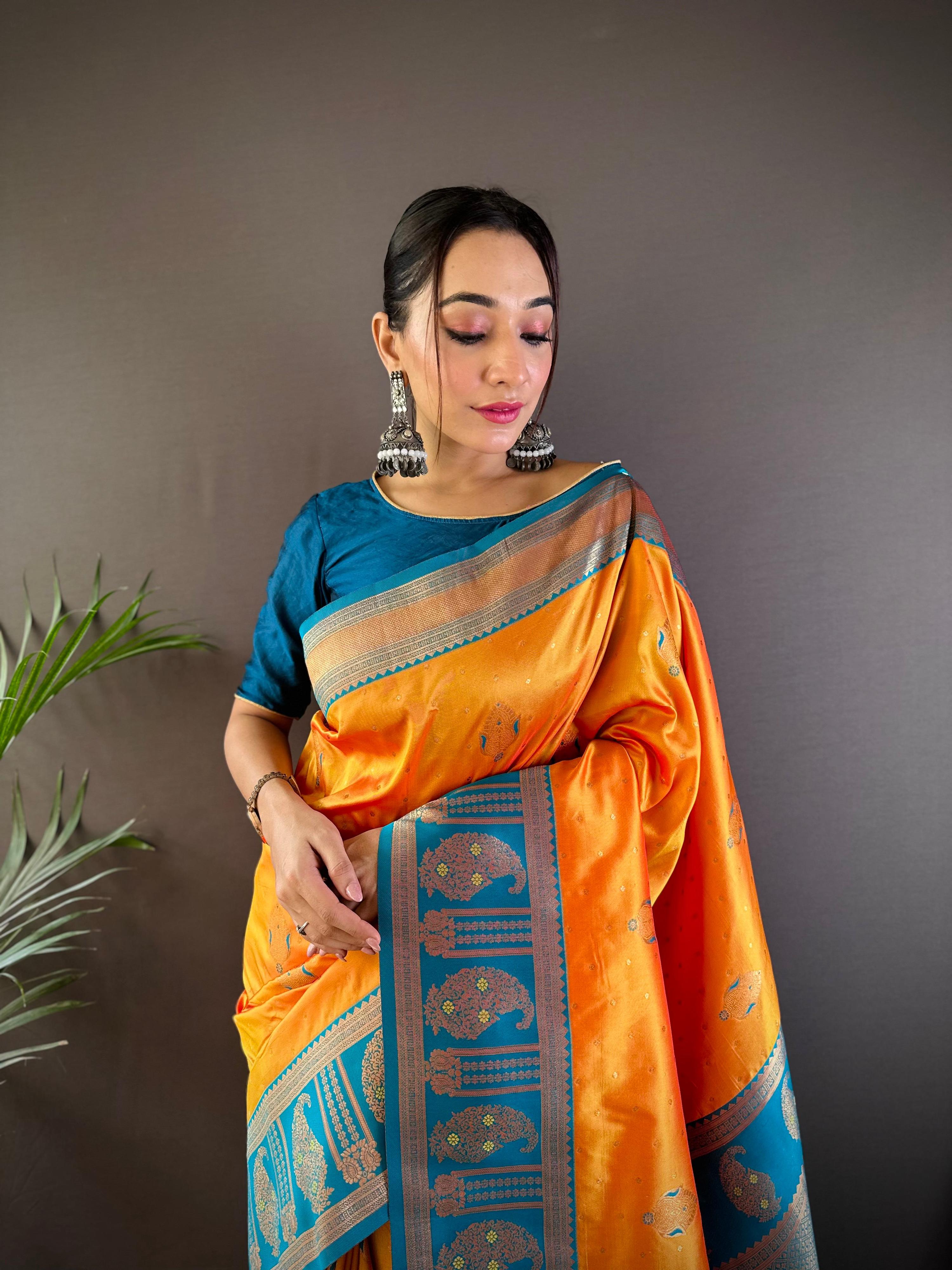 Sonakshi Women's Yellow Banarasi Silk Zari Woven Traditional Saree with Blouse