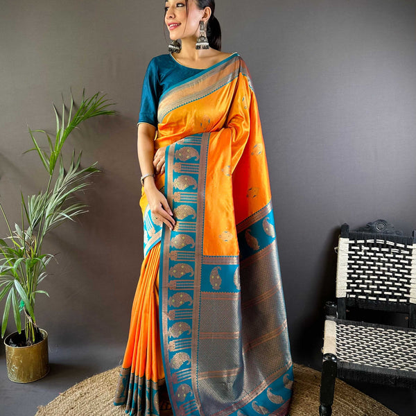 Sonakshi Women's Yellow Banarasi Silk Zari Woven Traditional Saree with Blouse - Distacart