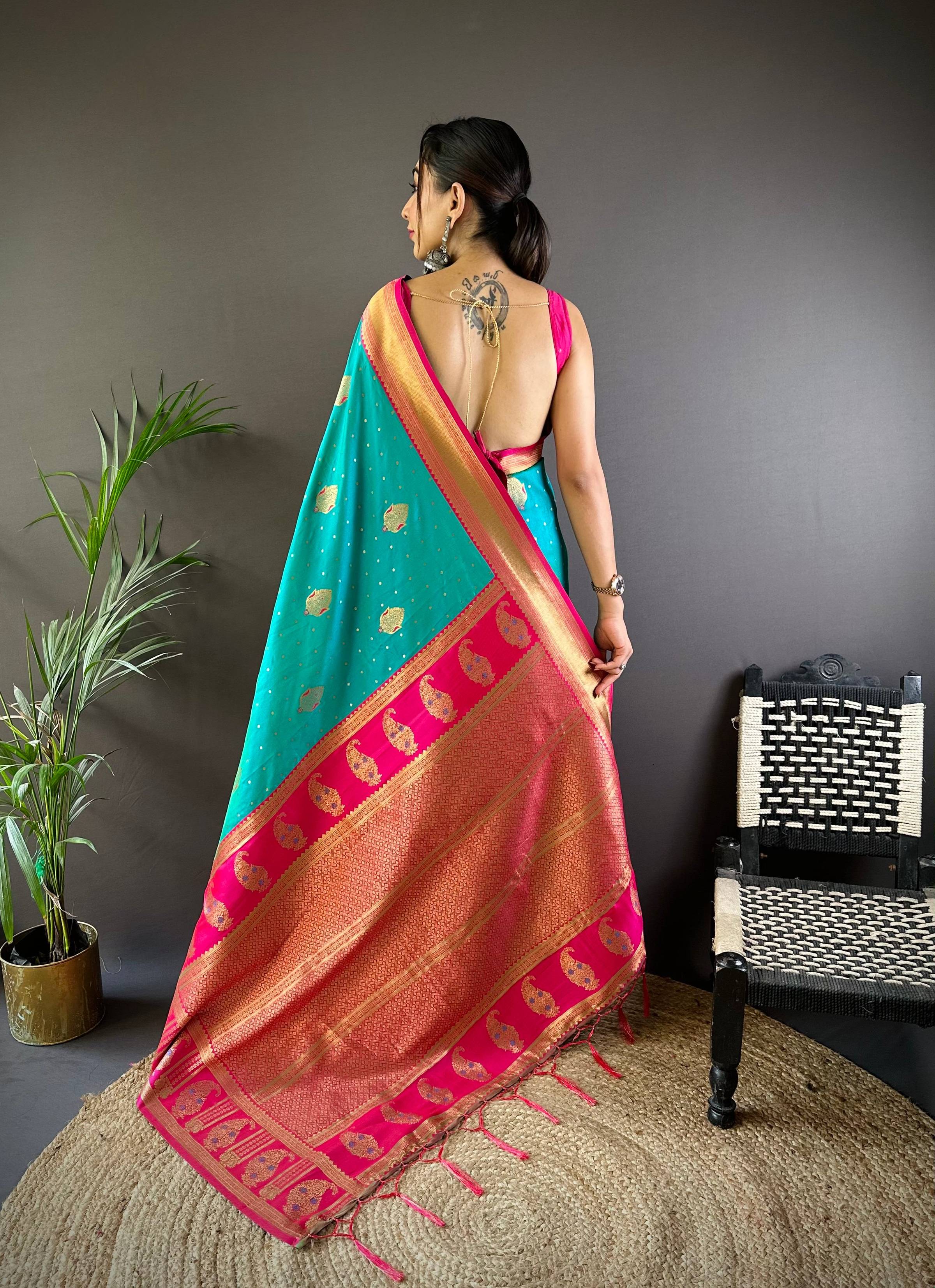 Sonakshi Women's Seagreen Banarasi Silk Zari Woven Traditional Saree with Blouse