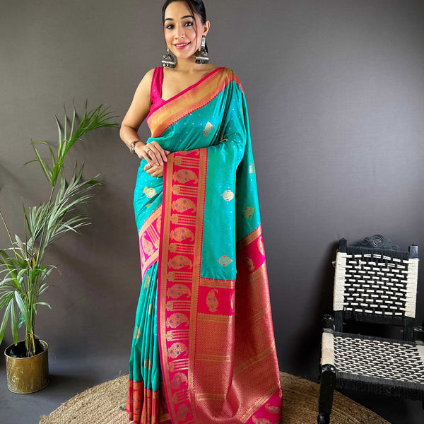 Sonakshi Women's Seagreen Banarasi Silk Zari Woven Traditional Saree with Blouse - Distacart