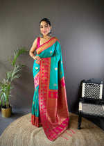 Thumbnail for Sonakshi Women's Seagreen Banarasi Silk Zari Woven Traditional Saree with Blouse