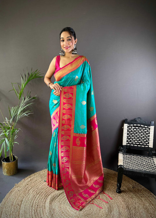 Sonakshi Women's Seagreen Banarasi Silk Zari Woven Traditional Saree with Blouse