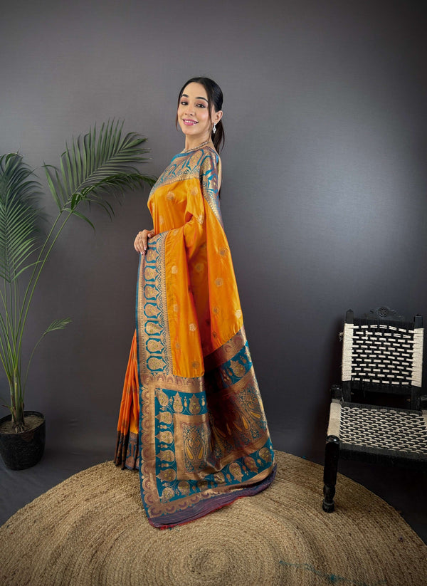 Sonakshi Women's Morepeech Banarasi Silk Zari Woven Traditional Saree with Blouse