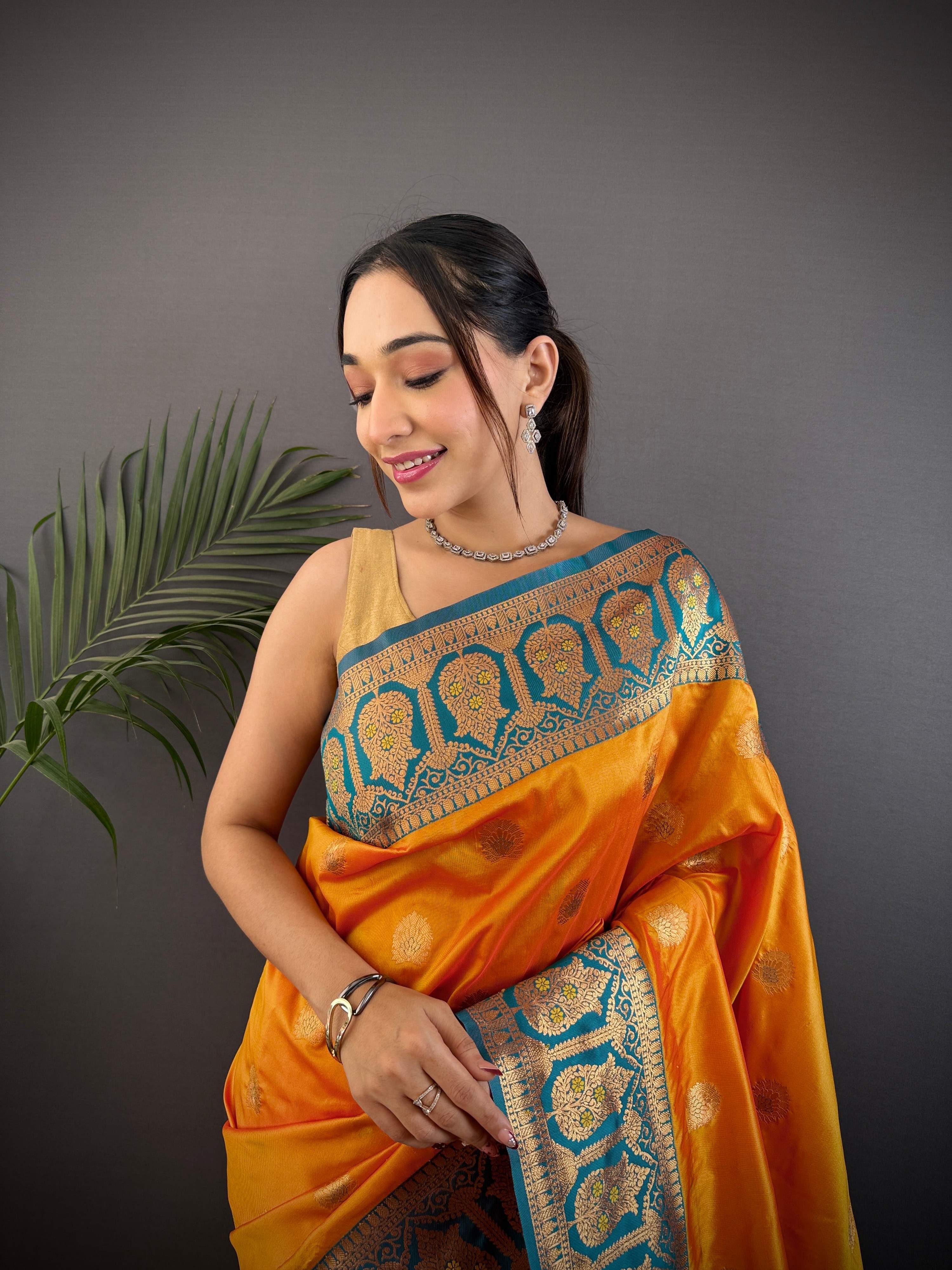 Sonakshi Women's Morepeech Banarasi Silk Zari Woven Traditional Saree with Blouse