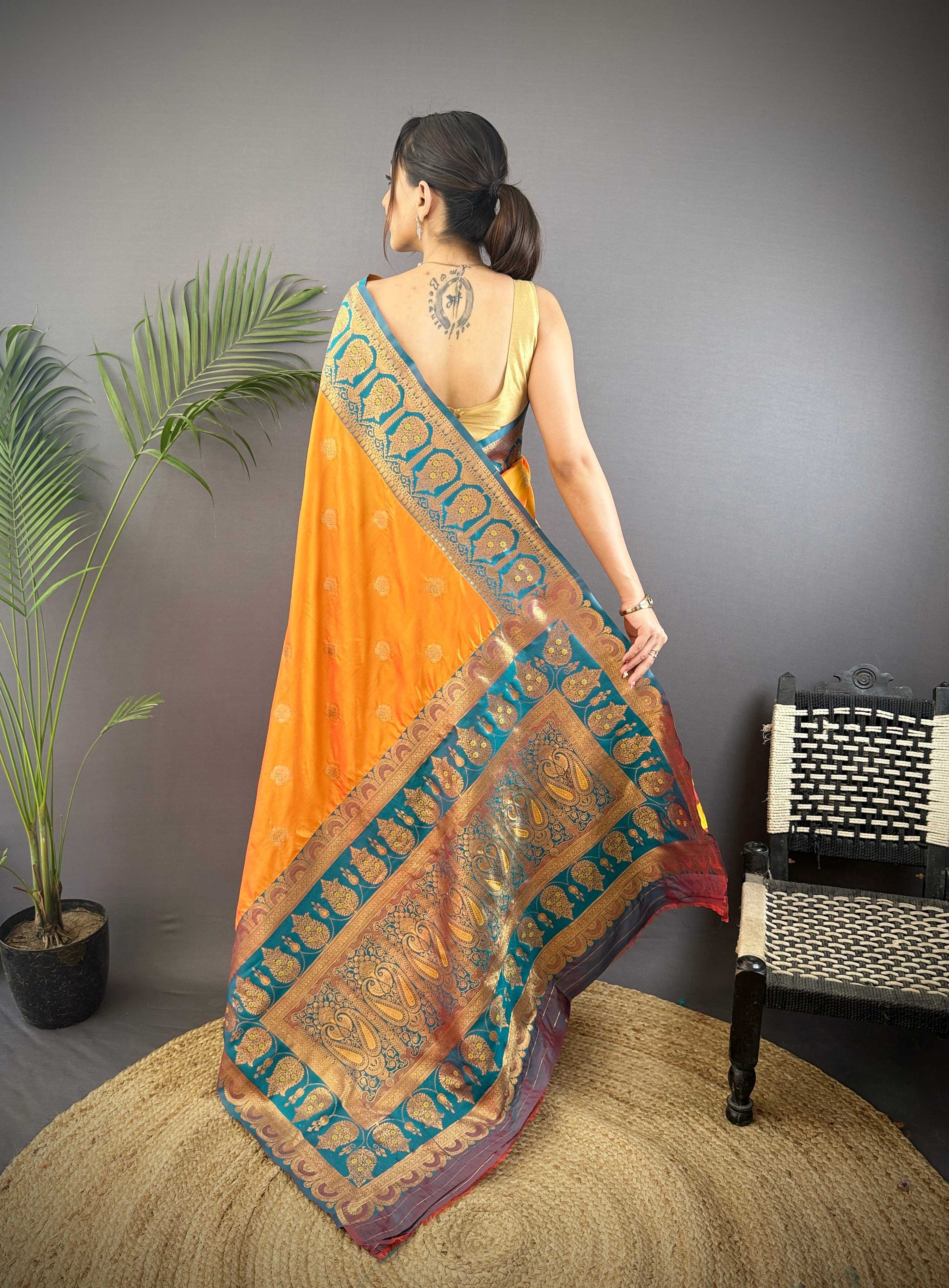Sonakshi Women's Morepeech Banarasi Silk Zari Woven Traditional Saree with Blouse