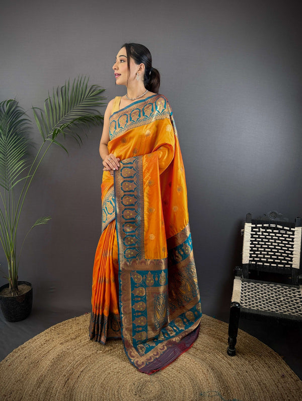 Sonakshi Women's Morepeech Banarasi Silk Zari Woven Traditional Saree with Blouse