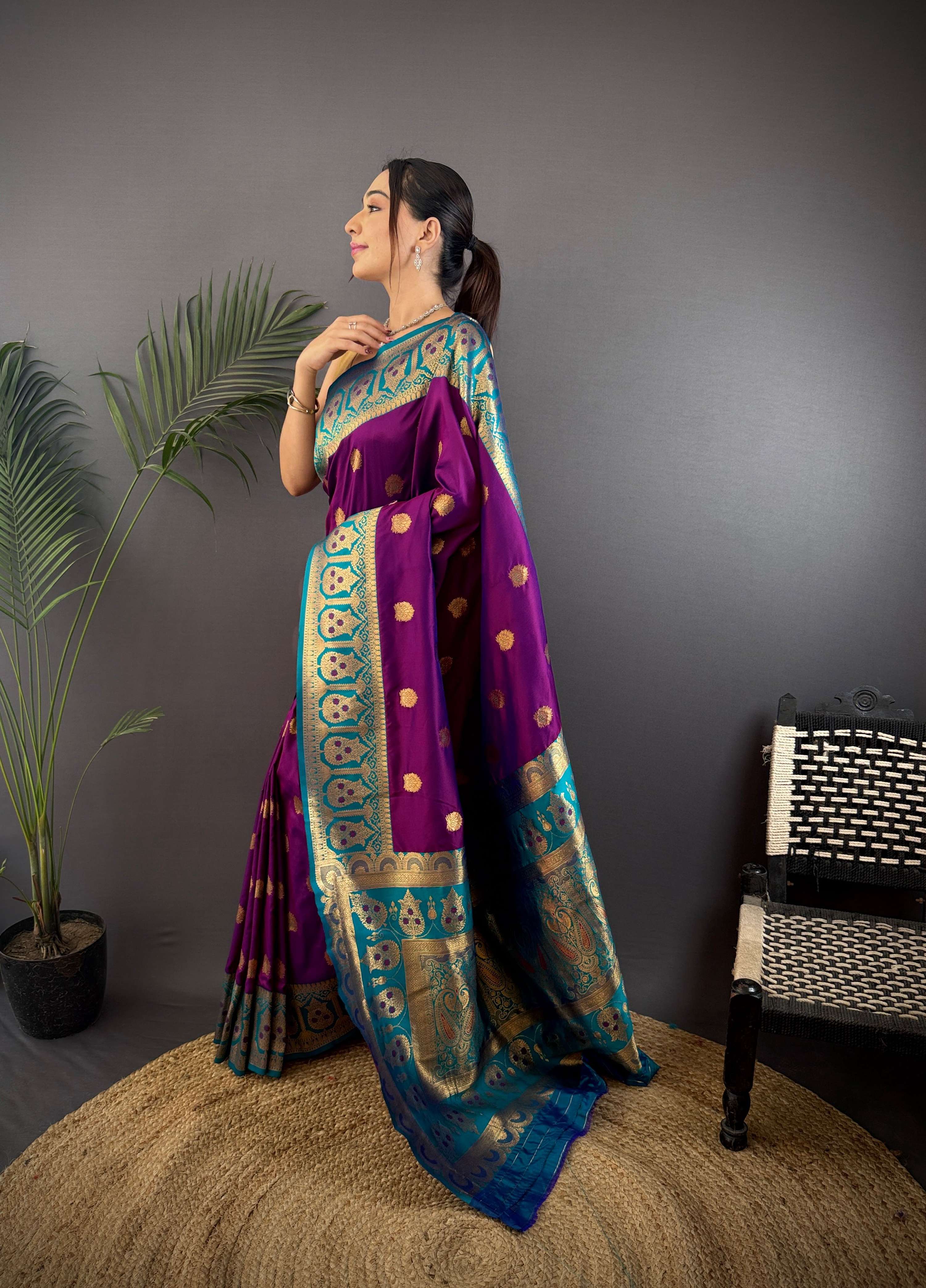 Sonakshi Women's Purple Banarasi Silk Zari Woven Traditional Saree with Blouse