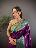 Thumbnail for Sonakshi Women's Purple Banarasi Silk Zari Woven Traditional Saree with Blouse
