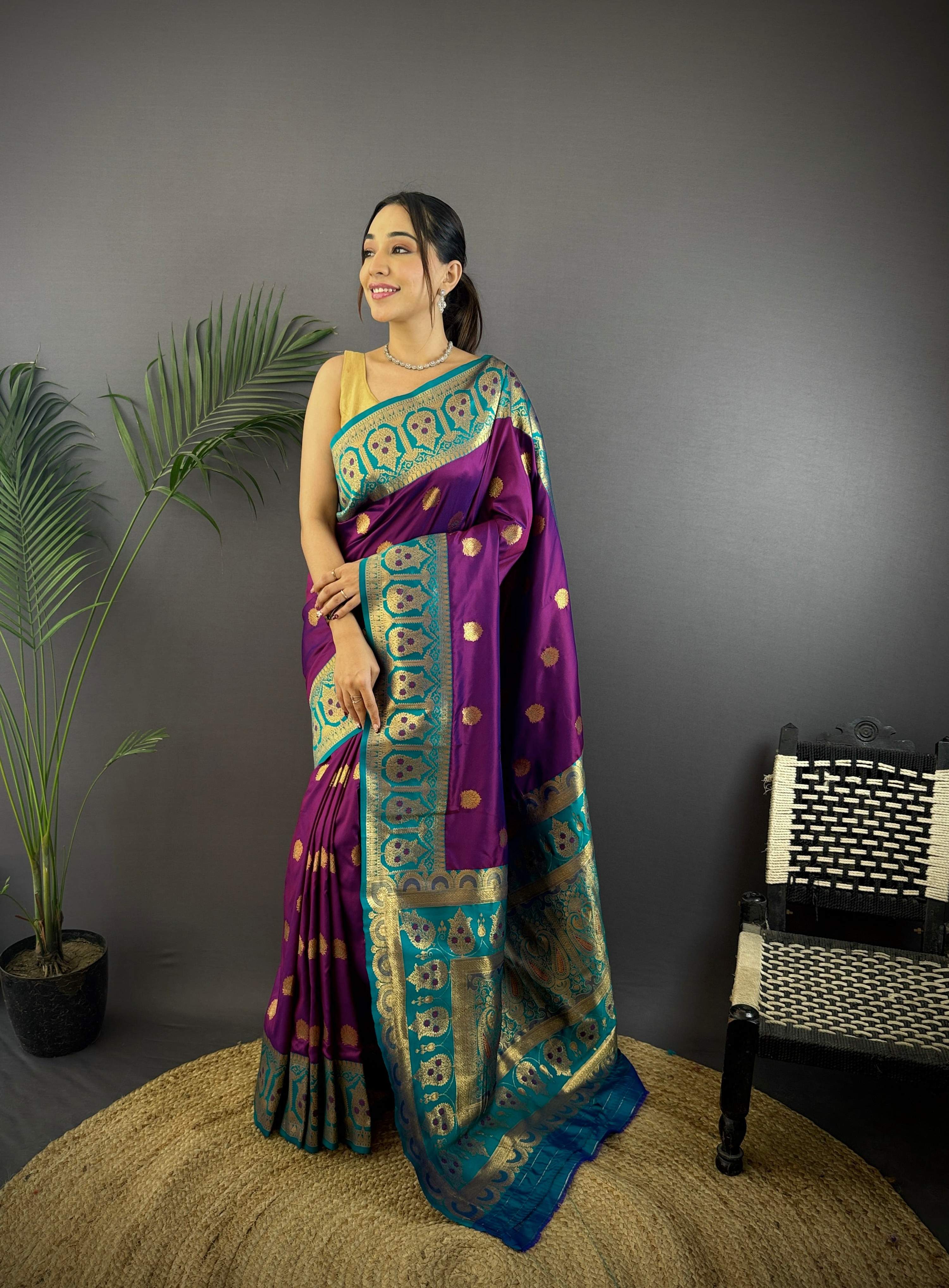 Sonakshi Women's Purple Banarasi Silk Zari Woven Traditional Saree with Blouse