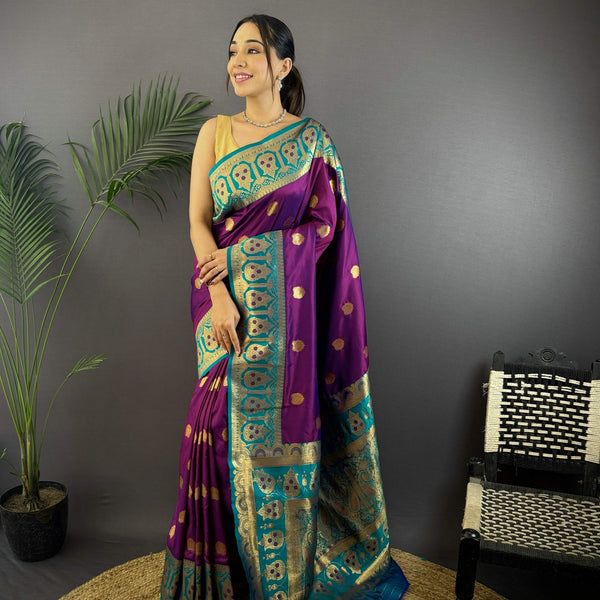 Sonakshi Women's Purple Banarasi Silk Zari Woven Traditional Saree with Blouse - Distacart